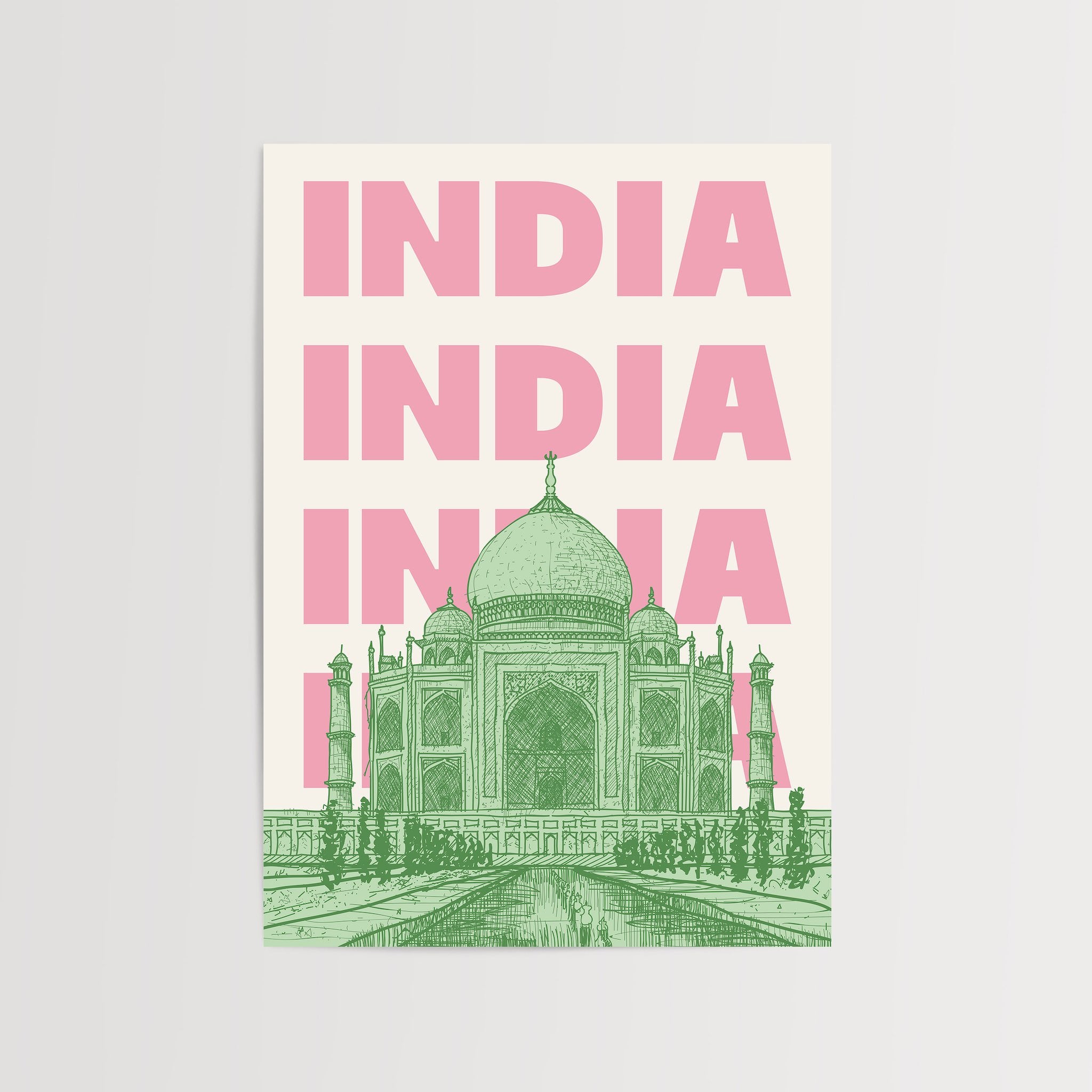 Taj Mahal art print with green and pink design