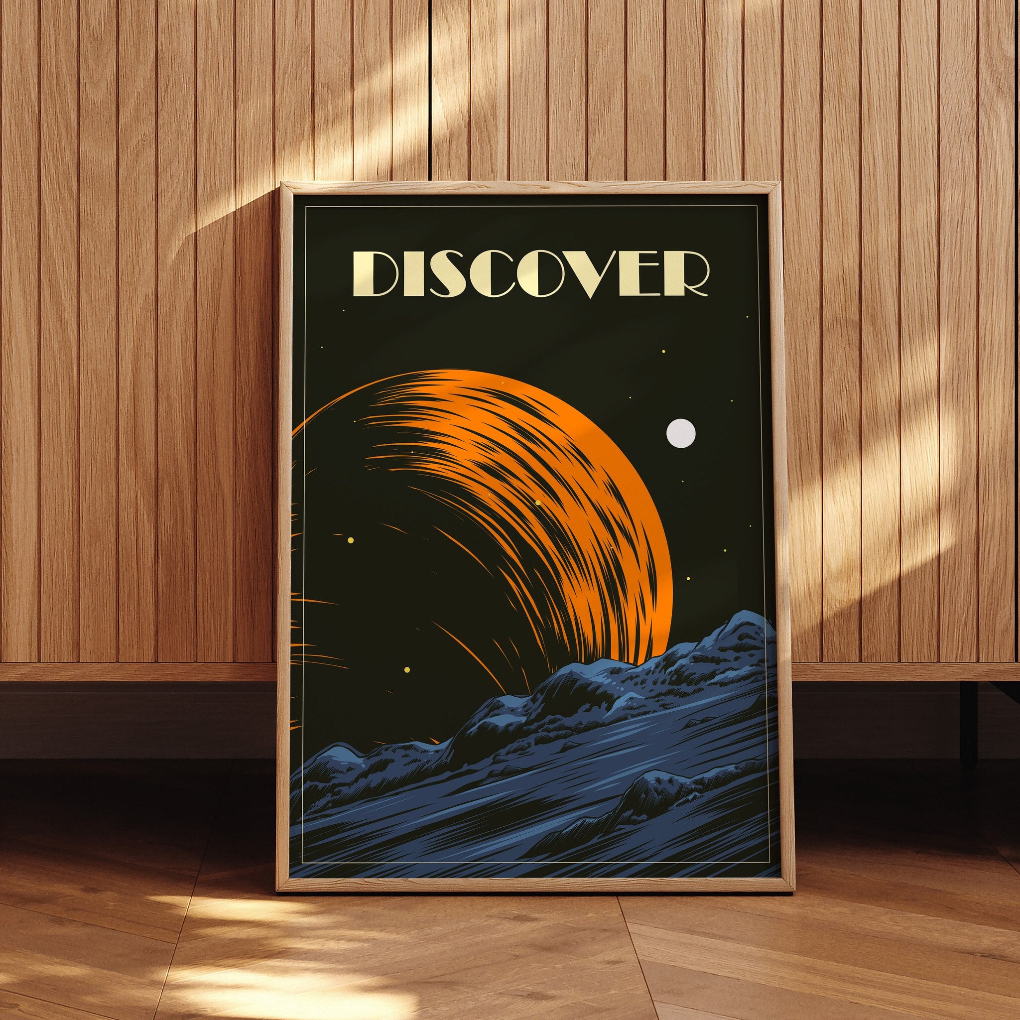 Futuristic poster featuring Discover text and space scene