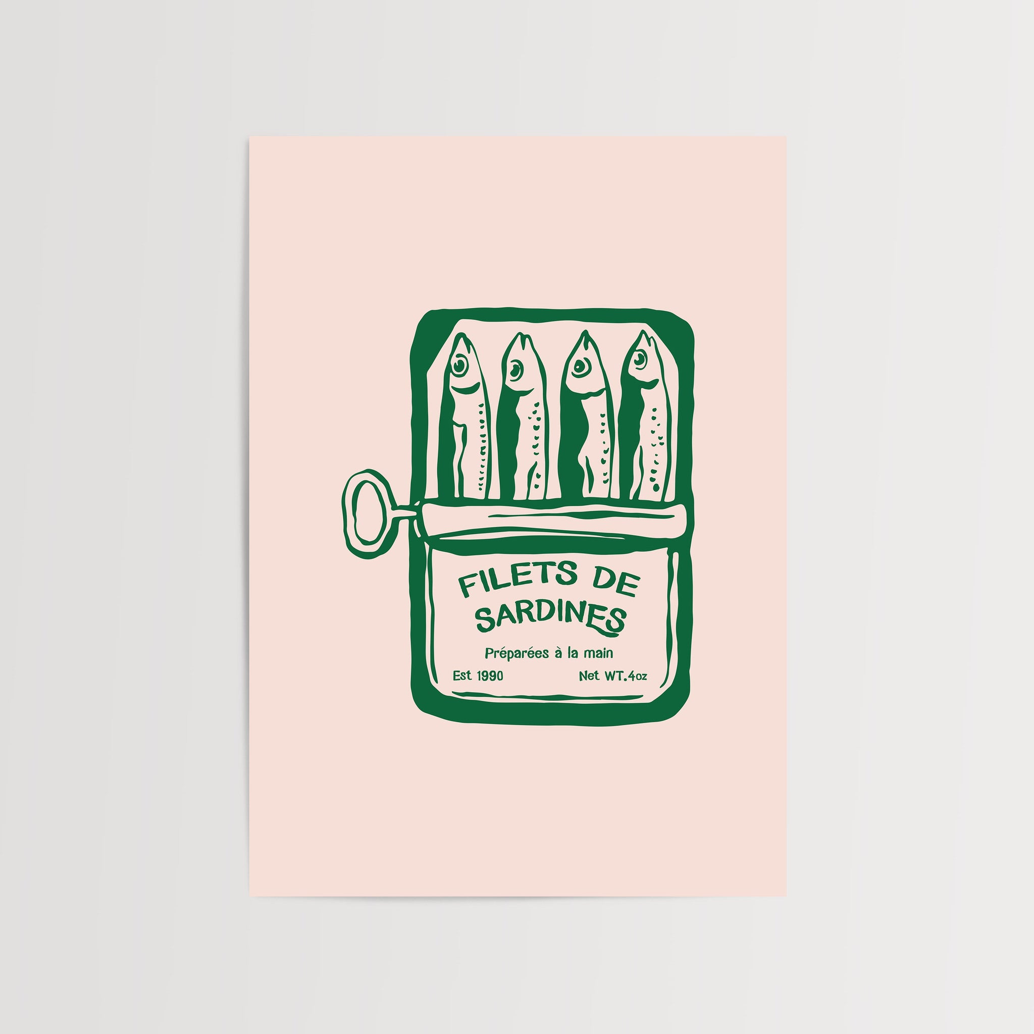 French sardine tin illustration poster in green and white, featuring "Filets de Sardines" design