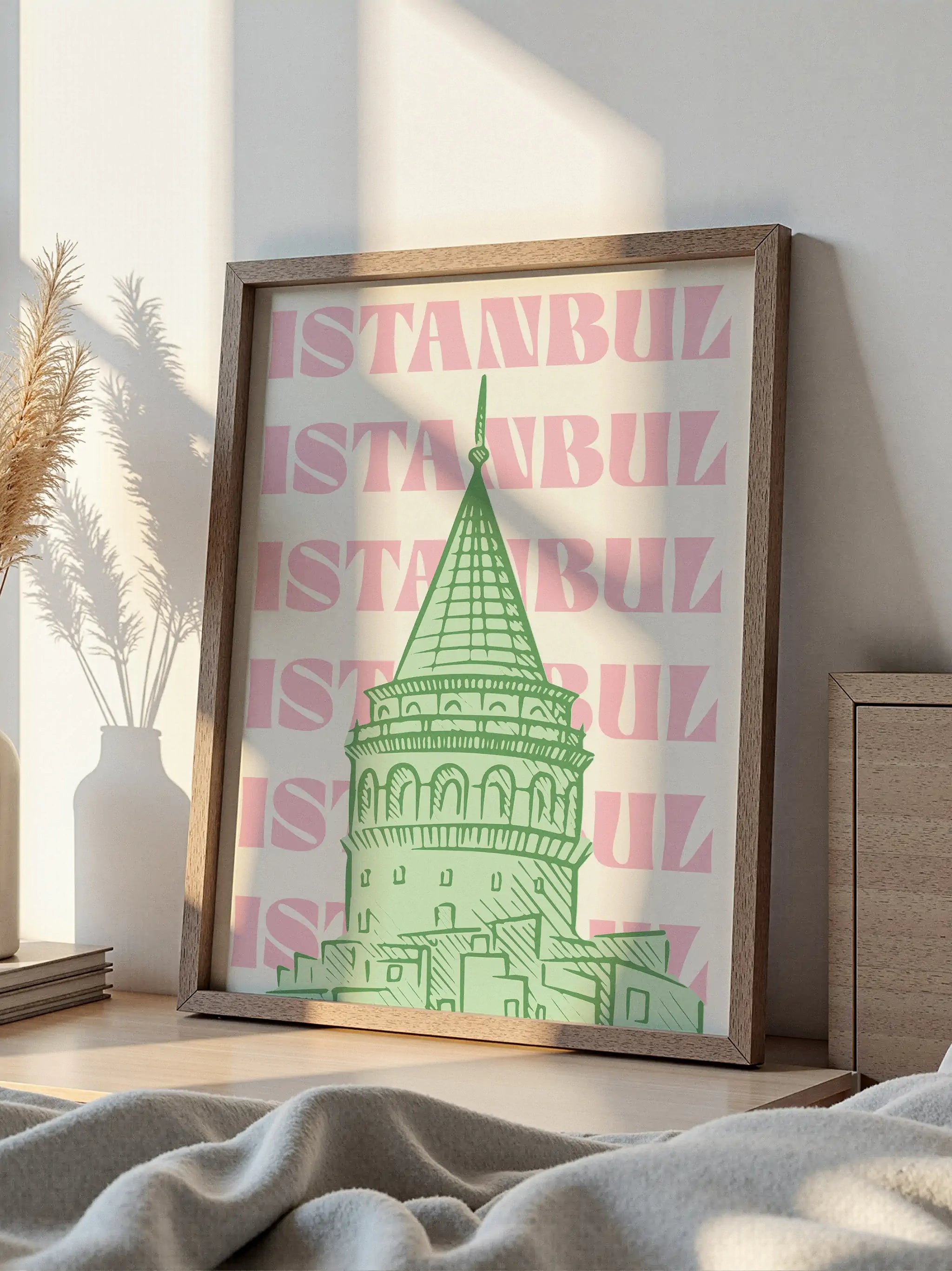 reen sketch-style Galata Tower artwork with a bold pink Istanbul text pattern
