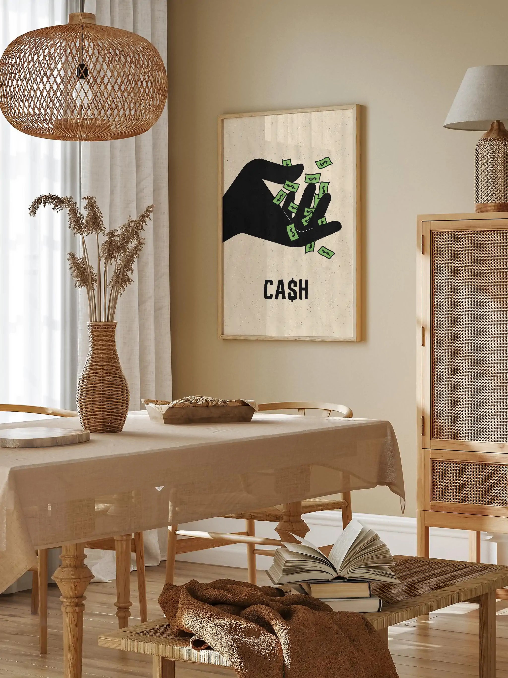 Modern pop art poster with a cash-dropping hand on a textured beige background.