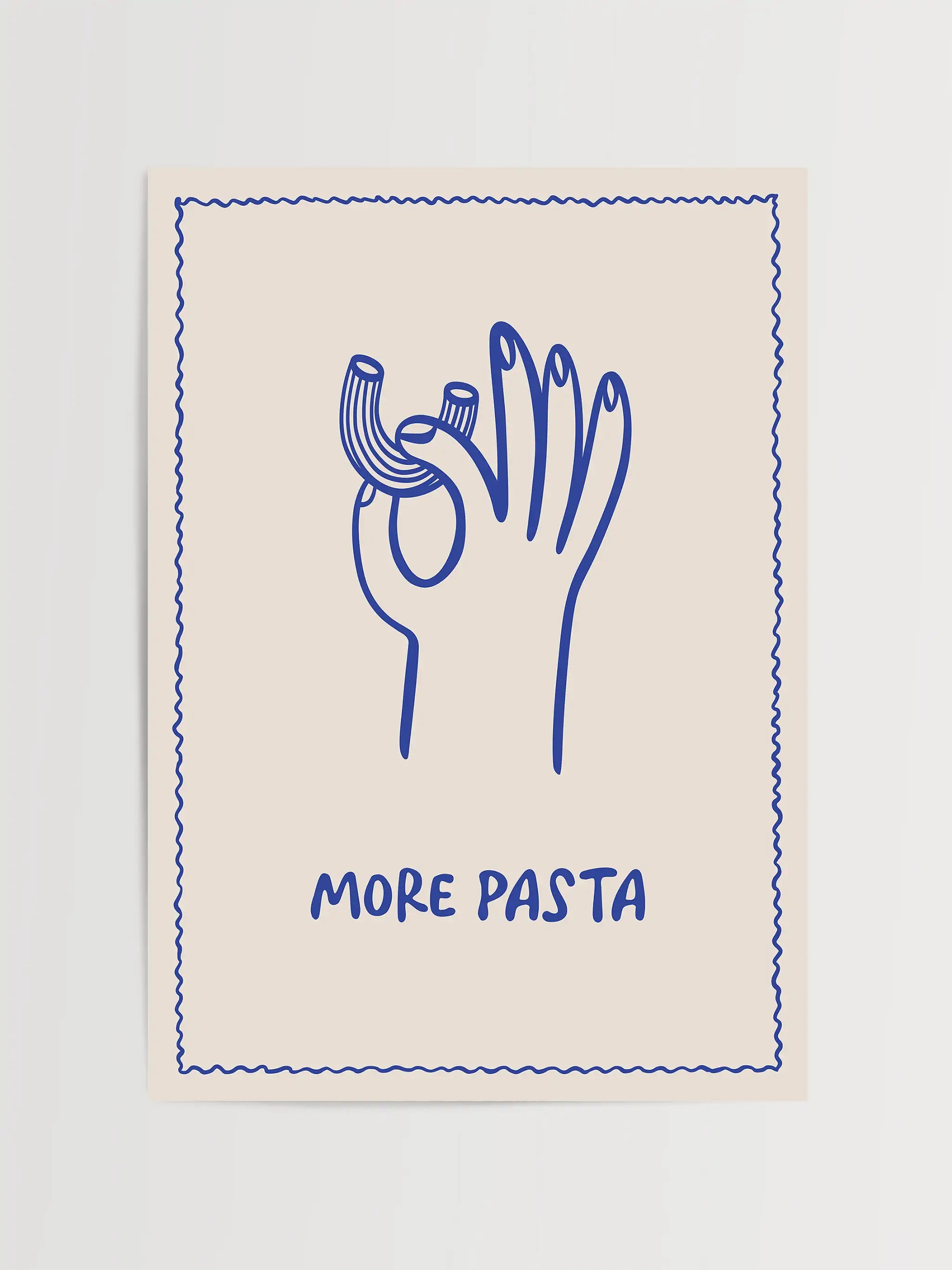 Minimalist blue line drawing of a hand making an Italian gesture with pasta, featuring "More Pasta" text